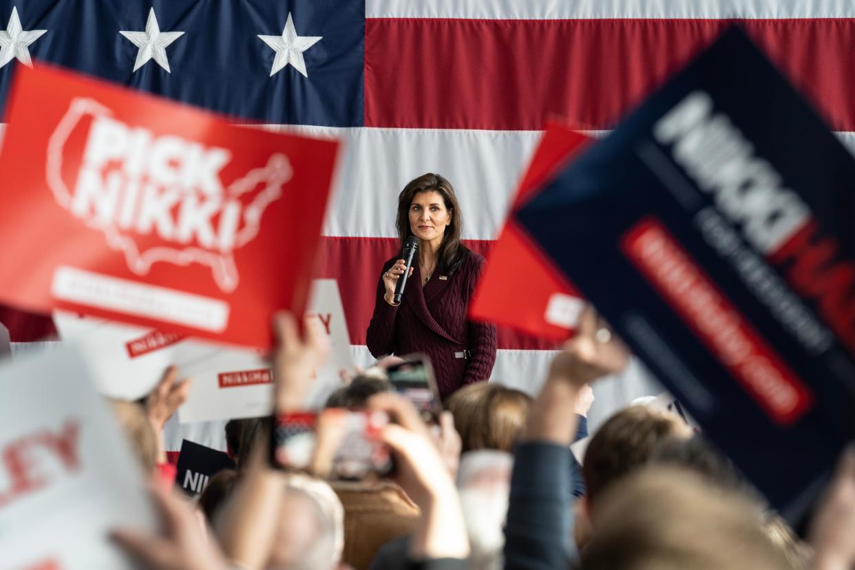 Republican presidential candidate former U.N. Ambassador Nikki Haley speaks during a campaign rally at Raleigh Union Station on March 2, 2024 in Raleigh, North Carolina (Getty Images)