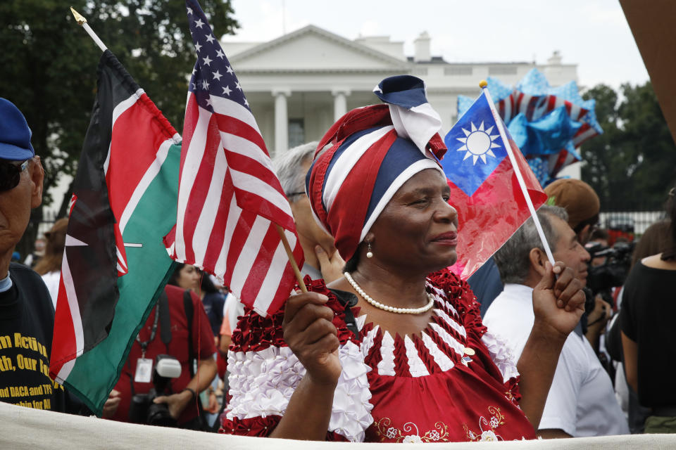 <p>Rosemary Segero, of Washington, who is originally from Kenya, rallies in support of the Deferred Action for Childhood Arrivals program, known as DACA, outside of the White House, in Washington, Tuesday, Sept. 5, 2017. (Photo: Jacquelyn Martin/AP) </p>