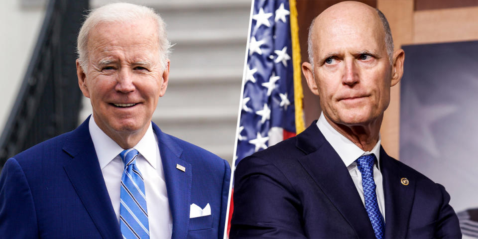 President Joe Biden. Florida Republican Sen. Rick Scott. (Abaca, Bloomberg, Getty Images)