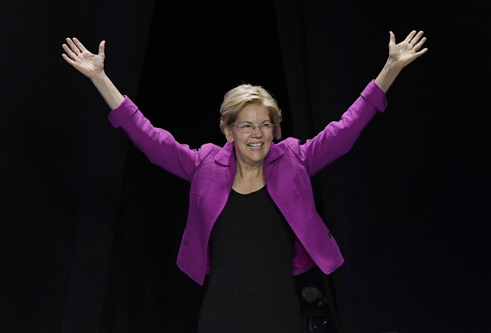 Democratic presidential candidate U.S. Sen. Elizabeth Warren, gestures toward delegates during the 2019 Massachusetts Democratic Party Convention, Saturday, Sept. 14, 2019, in Springfield, Mass. (AP Photo/Jessica Hill)