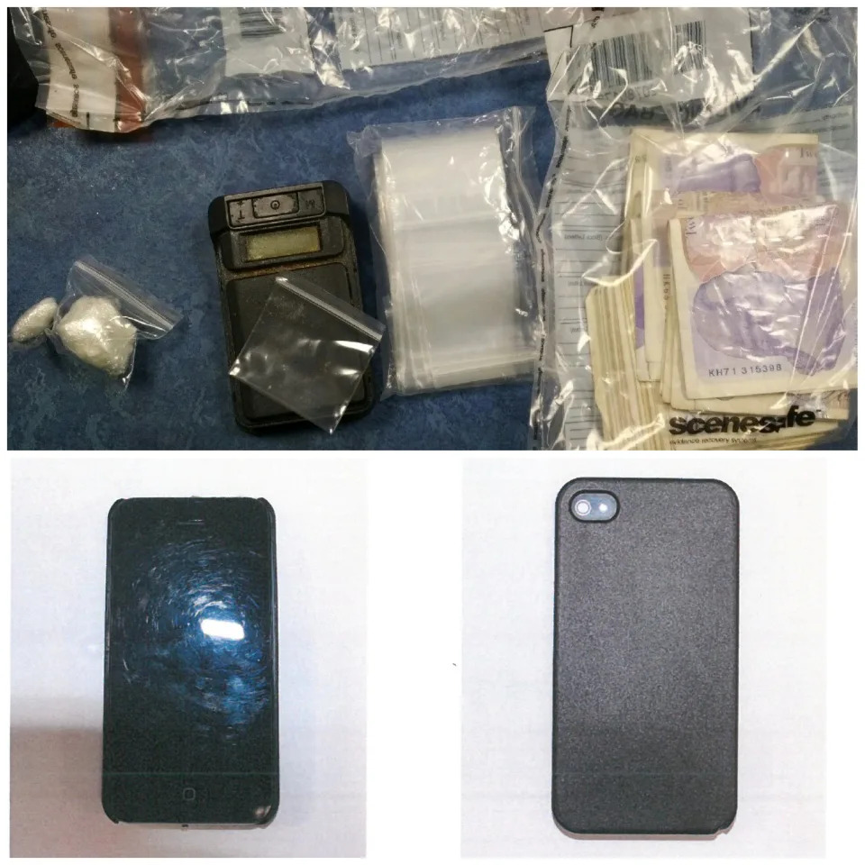 Photo of the recovered drugs, cash and stun gun, designed to look like a mobile phone. (SWNS)
