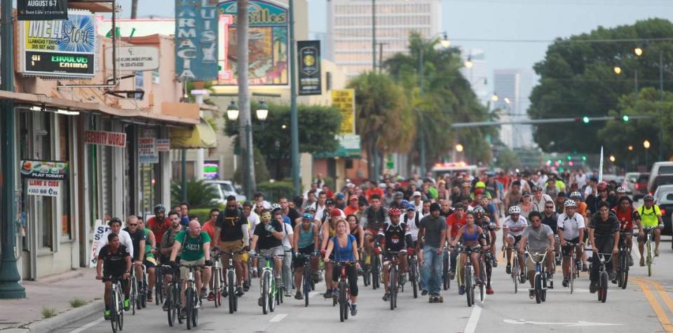 Bicyclists take to the streets for Miami Critical Mass, a monthly bike ride through the streets of Miami, in this file photo from February 2019.