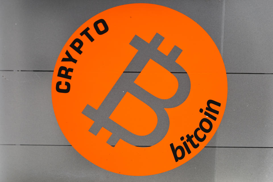 Bitcoin symbol is seen on a crypto currency exchange shop in Zagreb, Croatia on September 16, 2021. (Photo by Beata Zawrzel/NurPhoto via Getty Images)