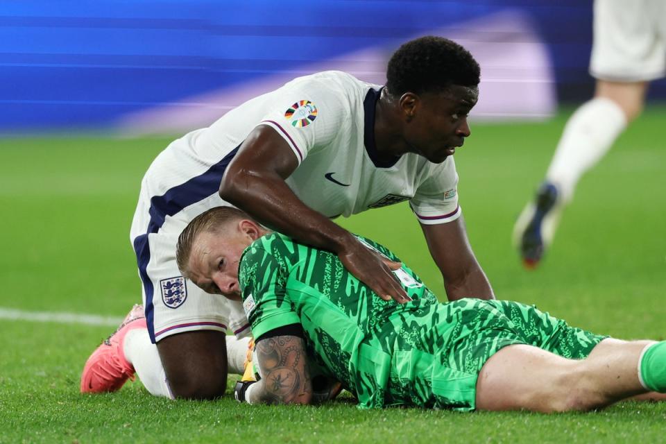 Guehi thanks Jordan Pickford for diving on a loose ball (Getty Images)