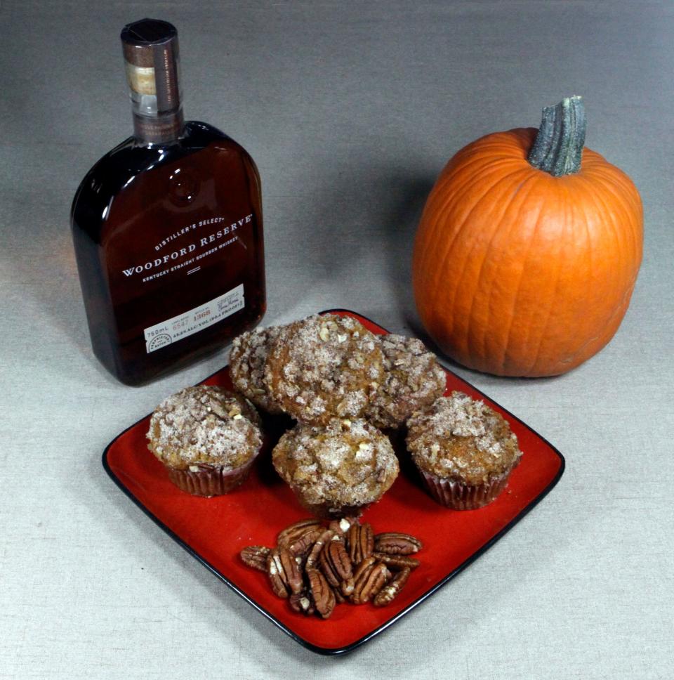 Cinnamon-Sugar Bourbon-Pumpkin Muffins are great any time of day. They can be topped with a warm cinnamon, toasted nut mixture that can be enhanced with a drizzle of bourbon icing.