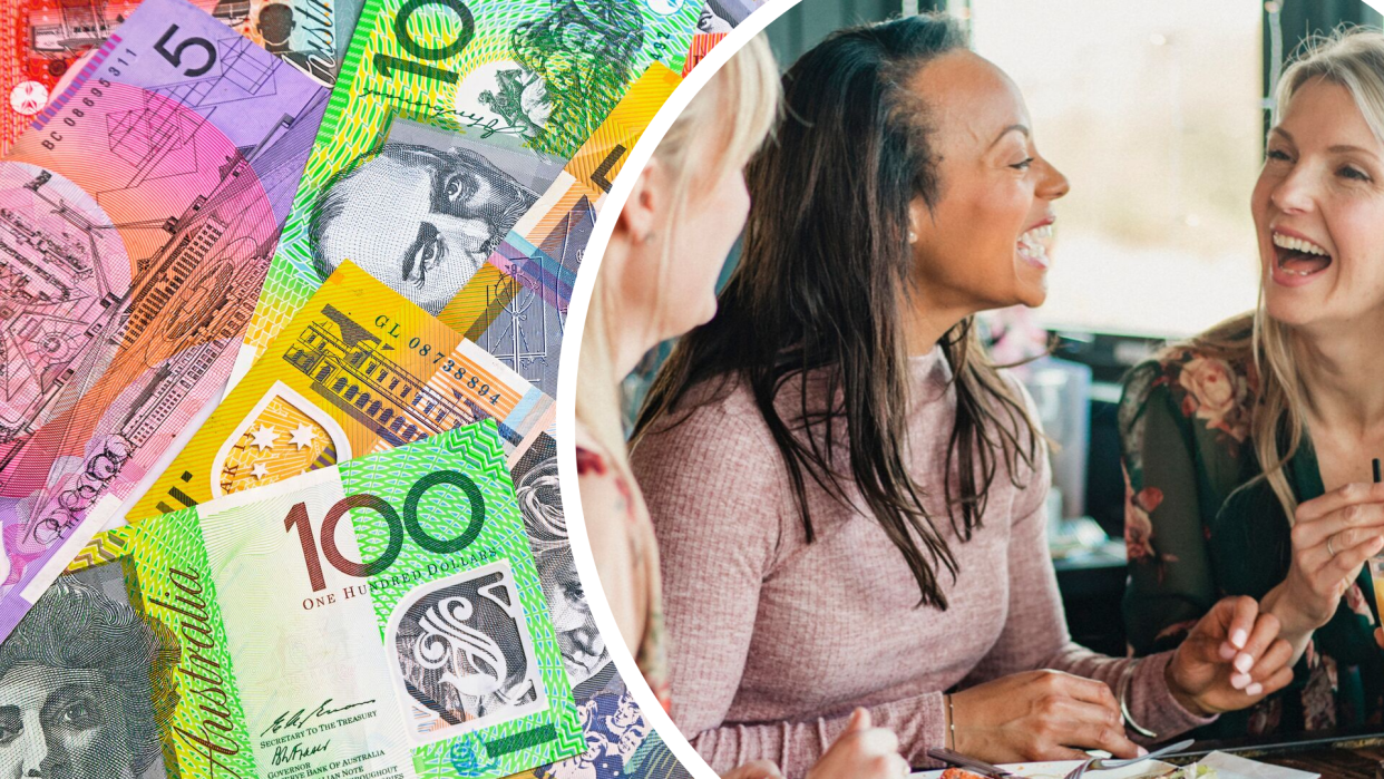 Pictured: Women laughing while eating brunch and Australian cash. Images: Getty