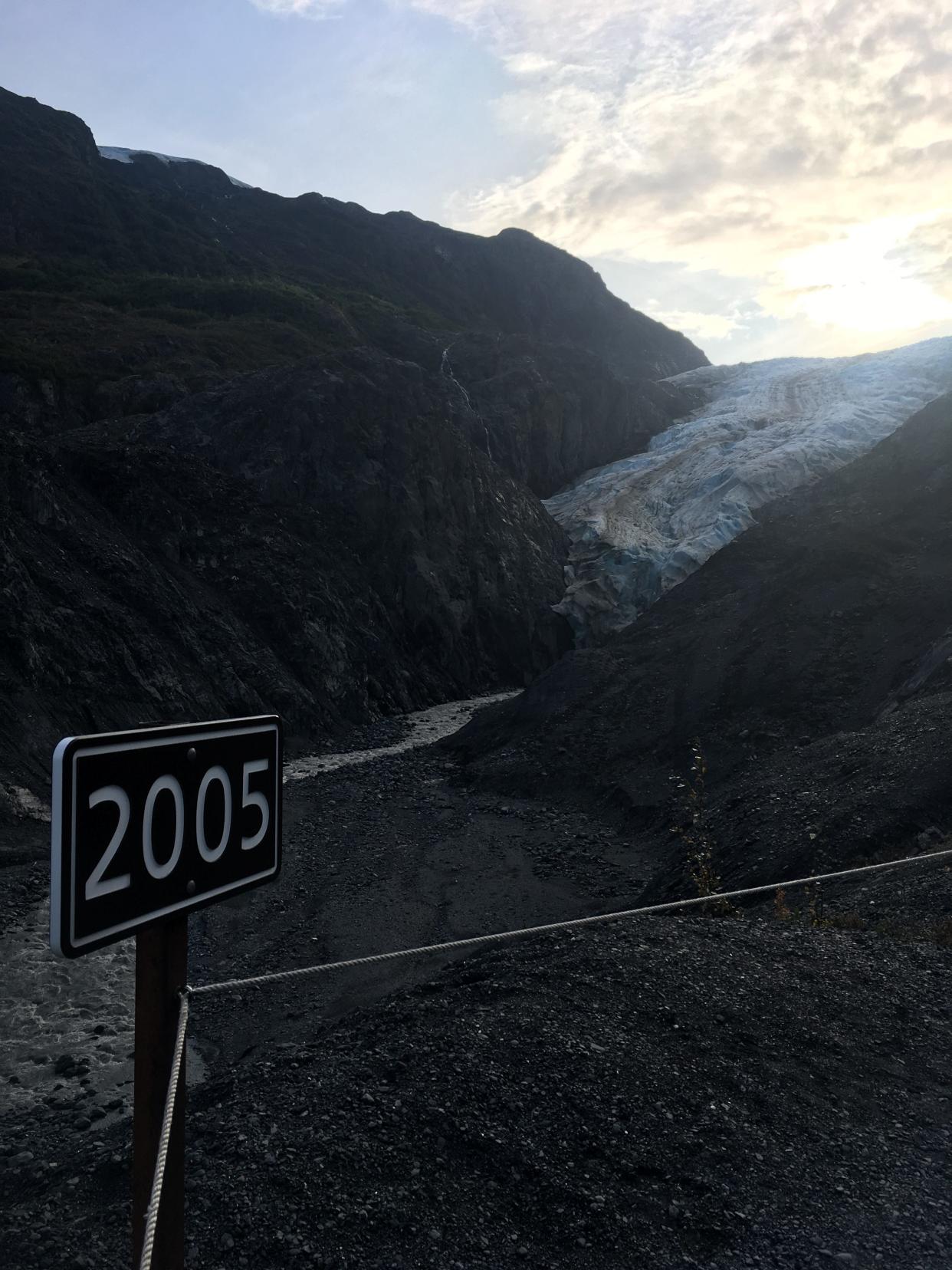 The toe of Exit Glacier taken from the 2005 sign on September 10th, 2019.
