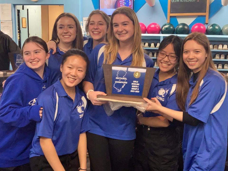 The Holy Angels girls bowling team earned its 11th sectional title in 15 seasons at the North 1 tournament in Hackensack on Saturday, Feb. 18, 2023. The Angels won Group 2 with a house-leading 2,698.