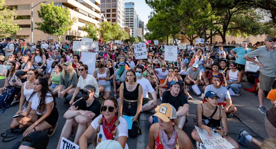 Abortion rights demonstrators gather to protest against the Supreme Court's decision 