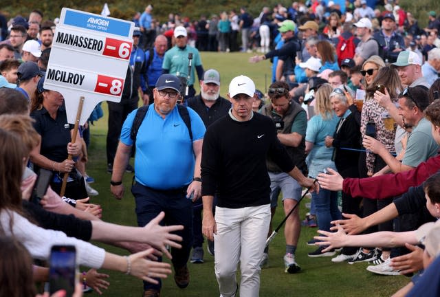 Northern Ireland’s Rory McIlroy walks between lines of fans as he makes his way to the thirteenth tee during day four of the Amgen Irish Open 2024 at Royal County Down in Newcastle, County Down.