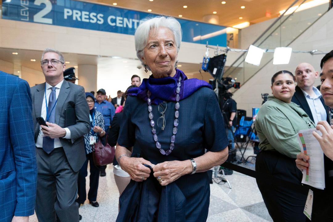 European Central Bank President Christine Lagarde arrives to the International Monetary Fund (IMF) during the World Bank/IMF Spring Meetings in Washington, Thursday, April 18, 2024. (AP Photo/Jose Luis Magana)