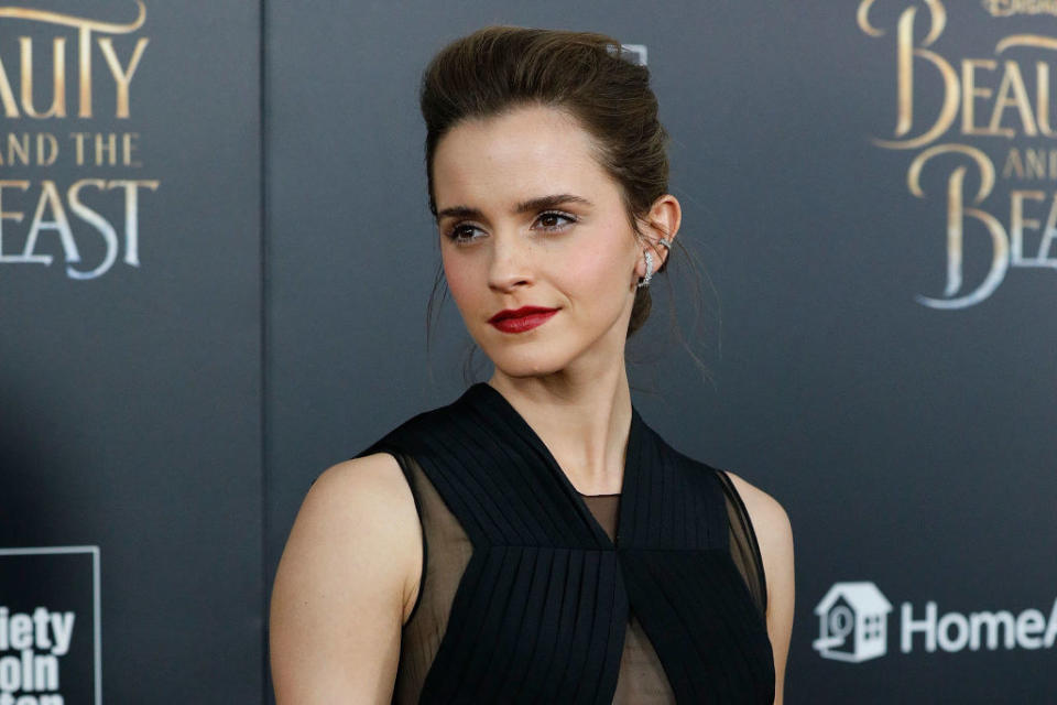 Emma Watson poses during the premiere of Beauty and the Beast