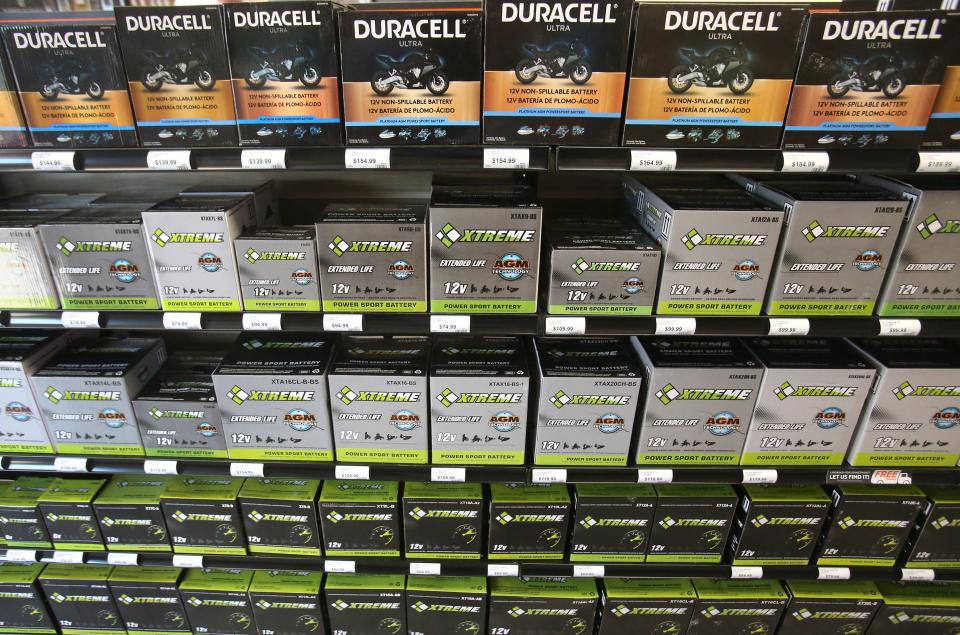 Batteries stocked on the shelves at Batteries Plus in Jackson Township. The store opened on Monday in Belden Village.