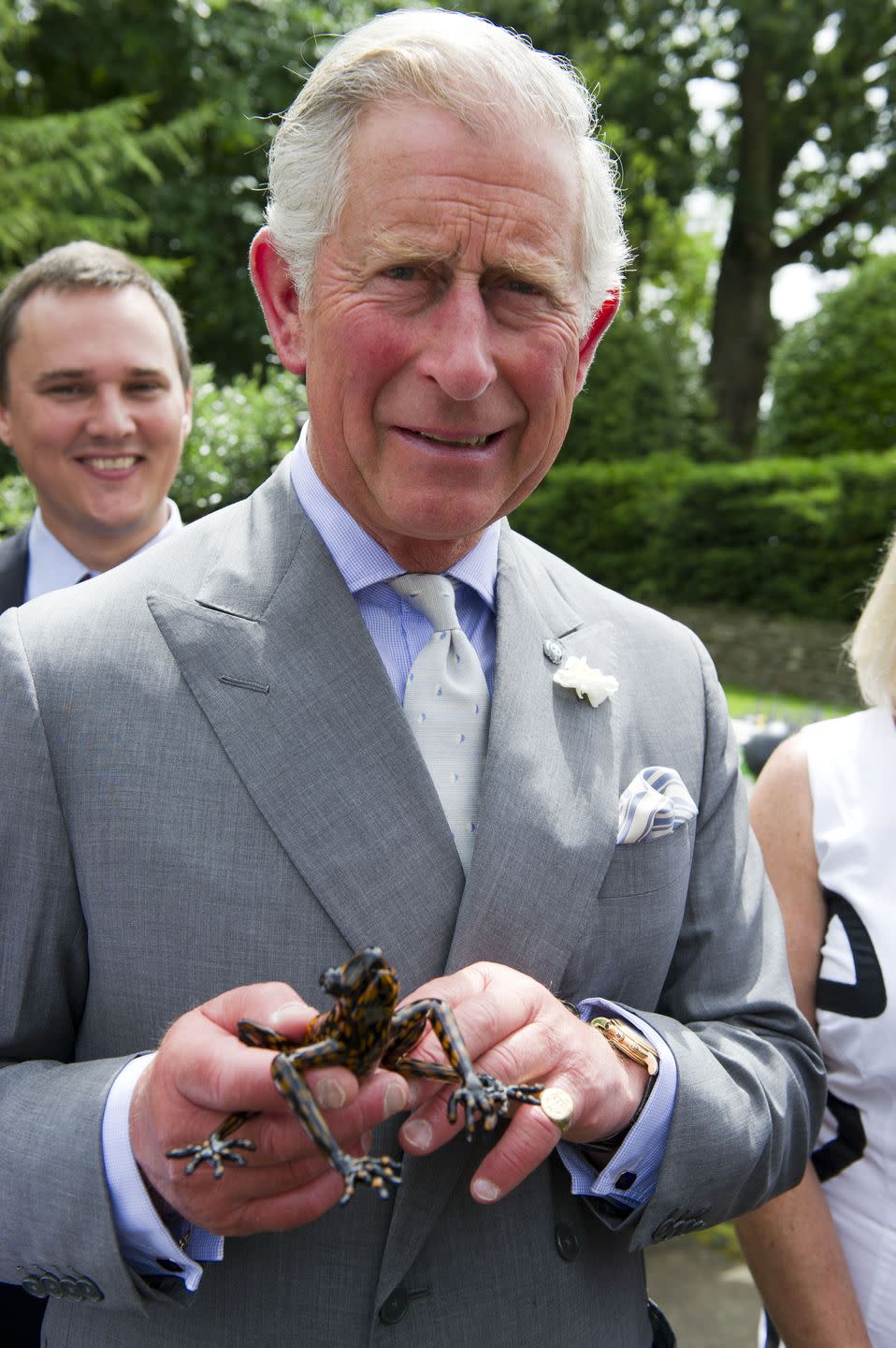 <p>An endangered species of Ecuadorian tree frog was announced as the Hyloscirtus princecharlesi, or the Prince Charles stream tree frog, according to <a href="https://www.theguardian.com/commentisfree/2012/jul/05/in-praise-of-hyloscirtus-princecharlesi" rel="nofollow noopener" target="_blank" data-ylk="slk:The Guardian;elm:context_link;itc:0;sec:content-canvas" class="link ">The Guardian</a>. </p><p>Pictured: The King poses with an Ecuadorian stream tree frog during a WWF-UK Green Ambassadors Summit attended by school children at Highgrove House</p>