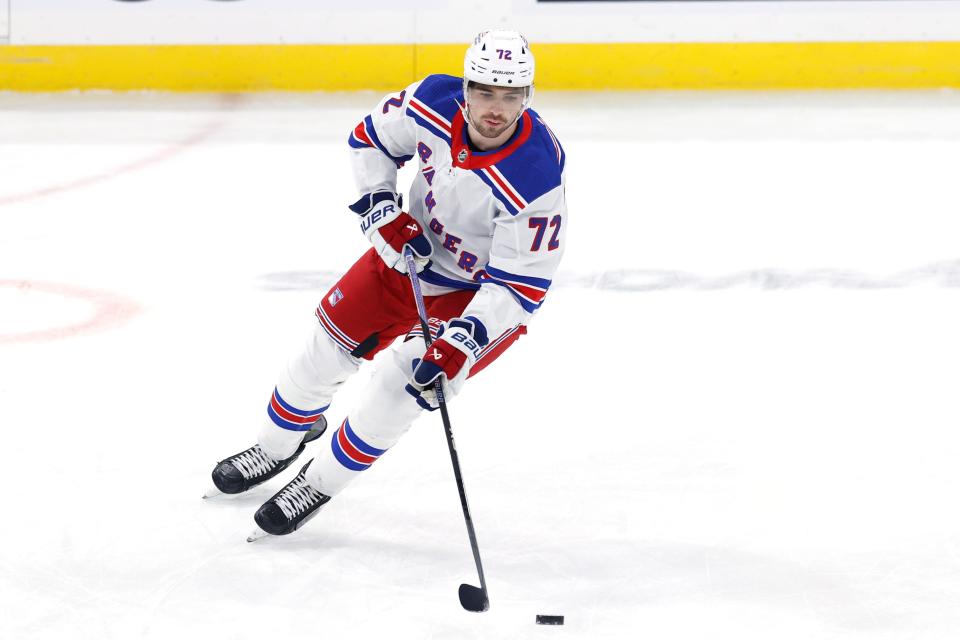 Oct 30, 2023; Winnipeg, Manitoba, CAN;New York Rangers center Filip Chytil (72) warms up before a game against the Winnipeg Jets at Canada Life Centre.