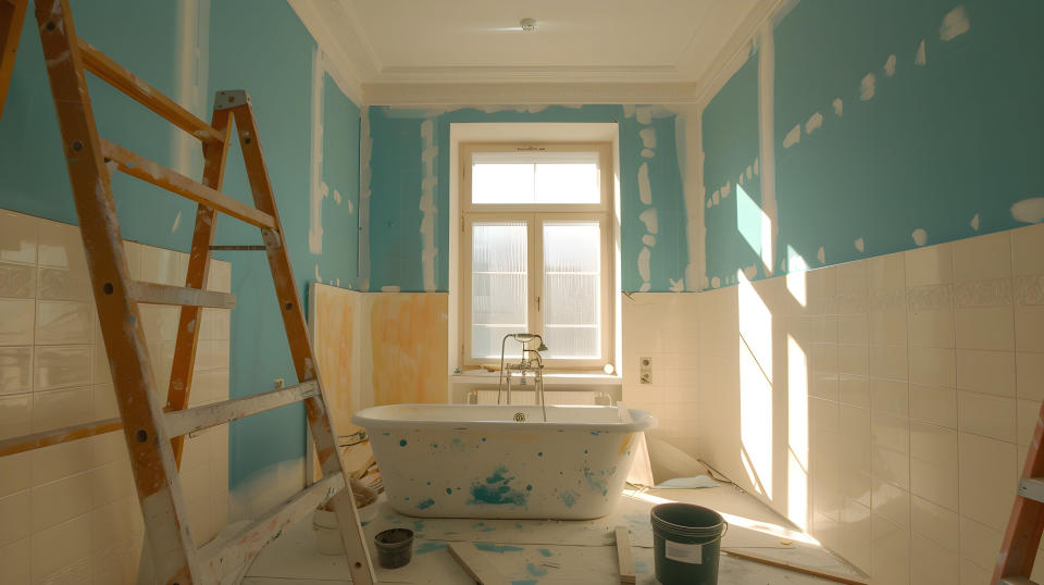 Bathroom under renovation with a freestanding tub, tiled walls, scaffolding ladder, paint cans, and some tools scattered around the floor