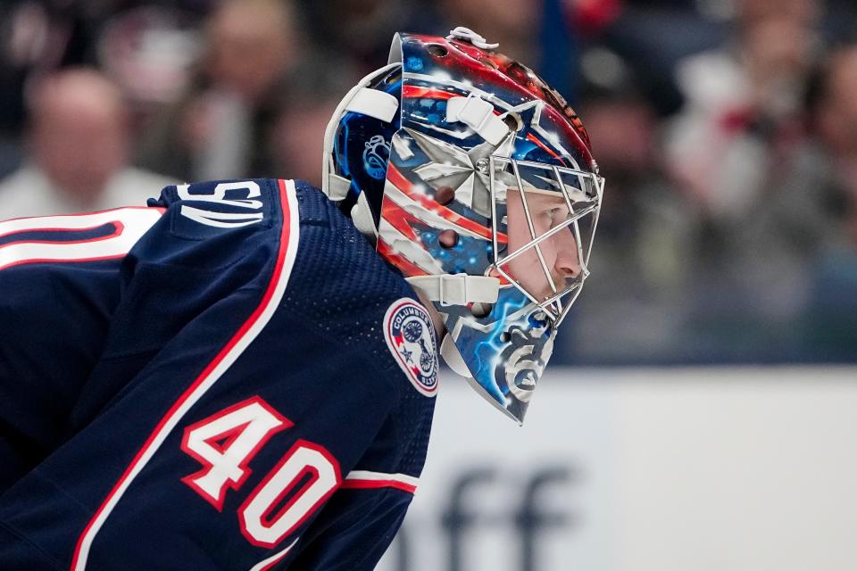 Sep 28, 2022; Columbus, Ohio, USA;  Columbus Blue Jackets goaltender Daniil Tarasov (40) stands in net during the second period of the NHL preseason hockey game against the Buffalo Sabres at Nationwide Arena. Mandatory Credit: Adam Cairns-The Columbus Dispatch