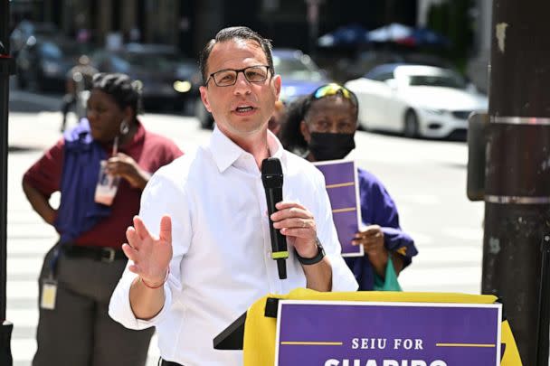 PHOTO: Pennsylvania Attorney General and gubernatorial candidate Josh Shapiro speaks ata  rally and roundtable discussion to demand good union jobs and a voice in democracy on August 18, 2022 in Philadelphia. (Dave Kotinsky/Getty Images)