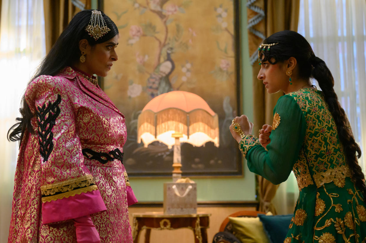 Nimra Bucha stars as Raheela and Priya Kansara as Ria Khan in Polite Society. (Universal)