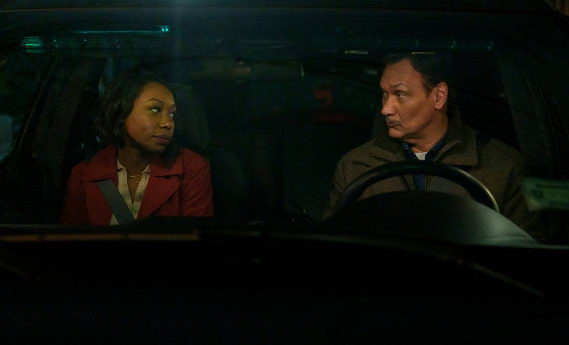 Amanda Warren as Regina Haywood and Jimmy Smits as Chief John Suarez in the CBS series “East New York.”