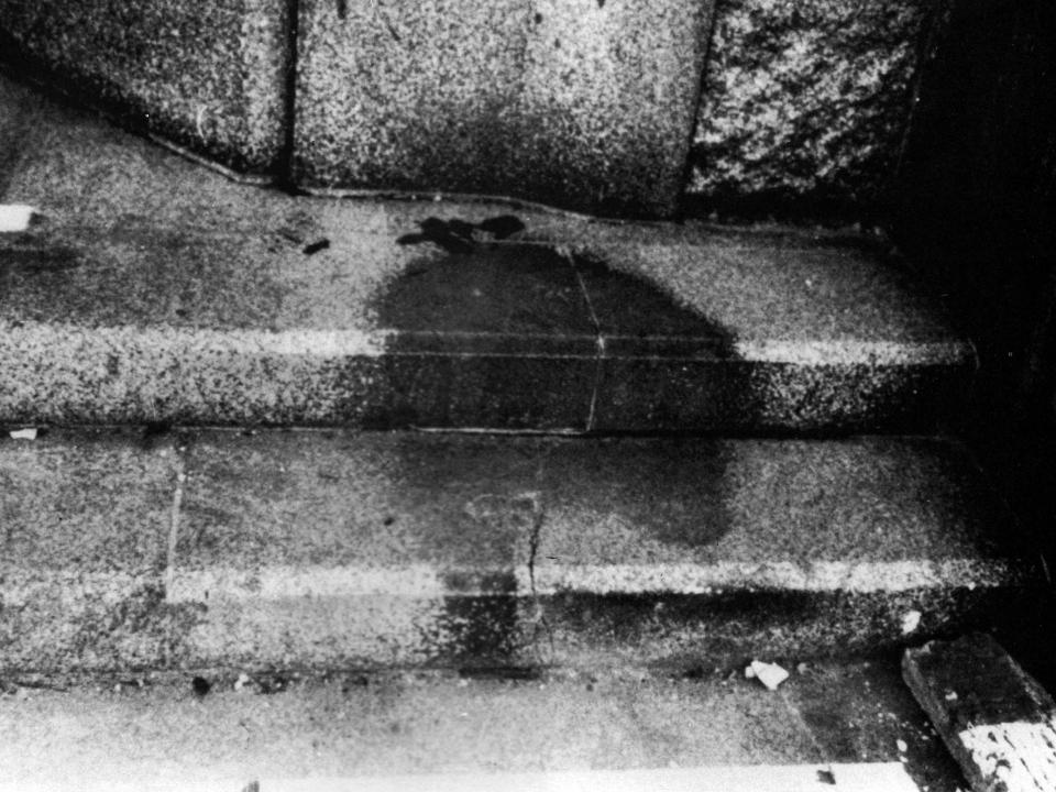 Human shadow on bank steps, in Hiroshima after the explosion of the atom bomb in August 1945, Japan.