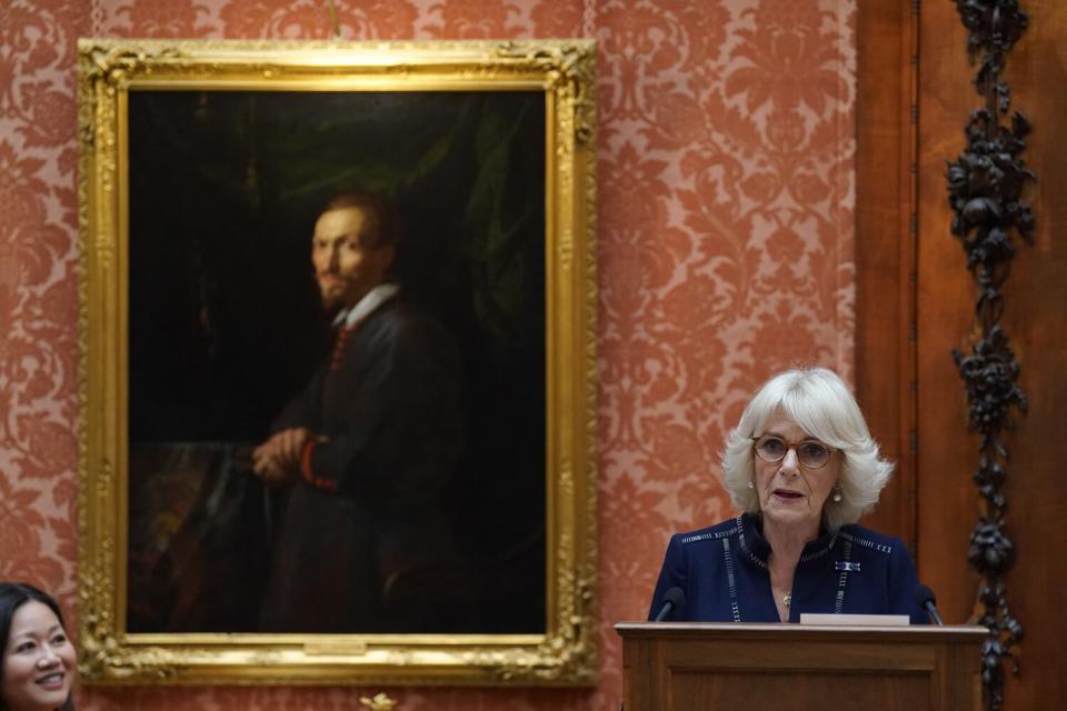 Camilla, Queen Consort hosts a reception for the Queen's Commonwealth Essay Competition 2022 winners at Buckingham Palace