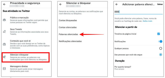 <em>Acesse as configurações do Twitter para silenciar palavras relacionadas ao BBB (Imagem: Rodrigo Folter/Captura de tela)</em>
