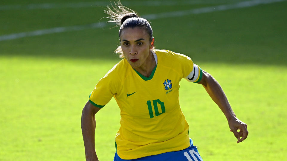 Brazil midfielder Marta (10) follows a play during the first half of a SheBelieves Cup women's soccer match against the United States, Sunday, Feb. 21, 2021, in Orlando, Fla. (AP Photo/Phelan M. Ebenhack)