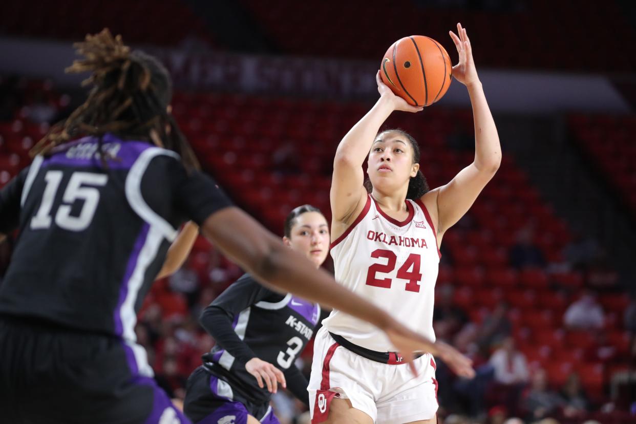 OU's Skylar Vann attempts a shot during a game against Kansas State at Lloyd Noble Center in Norman on March 1.