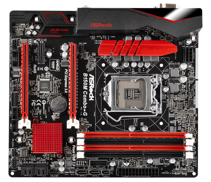 ASRock B150M Combo G. Notice the memory slots that are keyed differently to support DDR3 and DDR4 memory respectively. As expected, you can only run one type of memory on the board at any one time, but the design allows flexibility in configuration depending on cost and what the user is upgrading from.