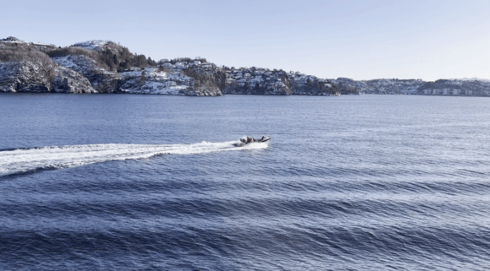 A fast boat from the Norwegian Coast Guard ship, the KV Sortland, patrols the undersea pipelines in the North Sea. (NBC News)