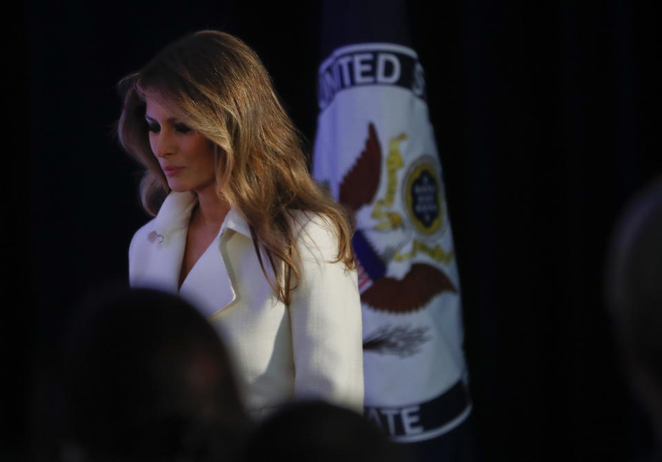 First lady Melania Trump arrives at the State Department in Washington, Wednesday, March 29, 2017, to present the 2017 Secretary's of State's International Women of Courage (IWOC) Awards. (AP Photo/Pablo Martinez Monsivais)