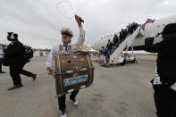 The 3rd Line Brass Band performs as Clemson arrives in New Orleans for the NCAA College Football Playoff title game, Friday, Jan. 10, 2020. Clemson is scheduled to play LSU on Monday. (AP Photo/Gerald Herbert)