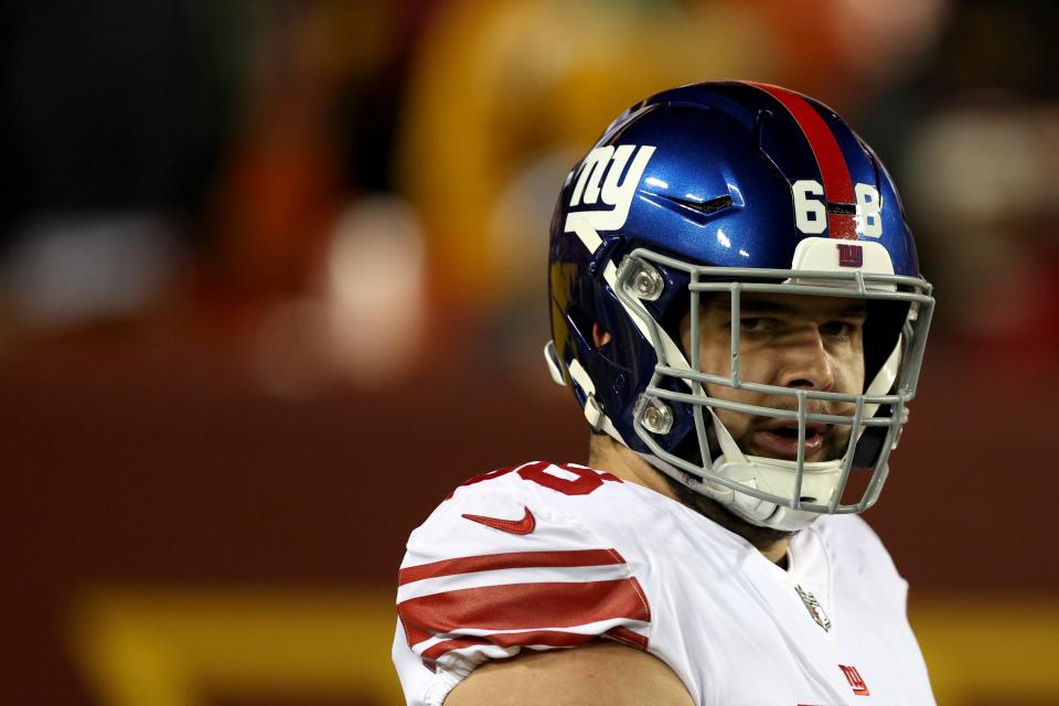 LANDOVER, MARYLAND - DECEMBER 18: Guard Ben Bredeson #68 of the New York Giants warms up against the Washington Commanders at FedExField on December 18, 2022 in Landover, Maryland. (Photo by Rob Carr/Getty Images)