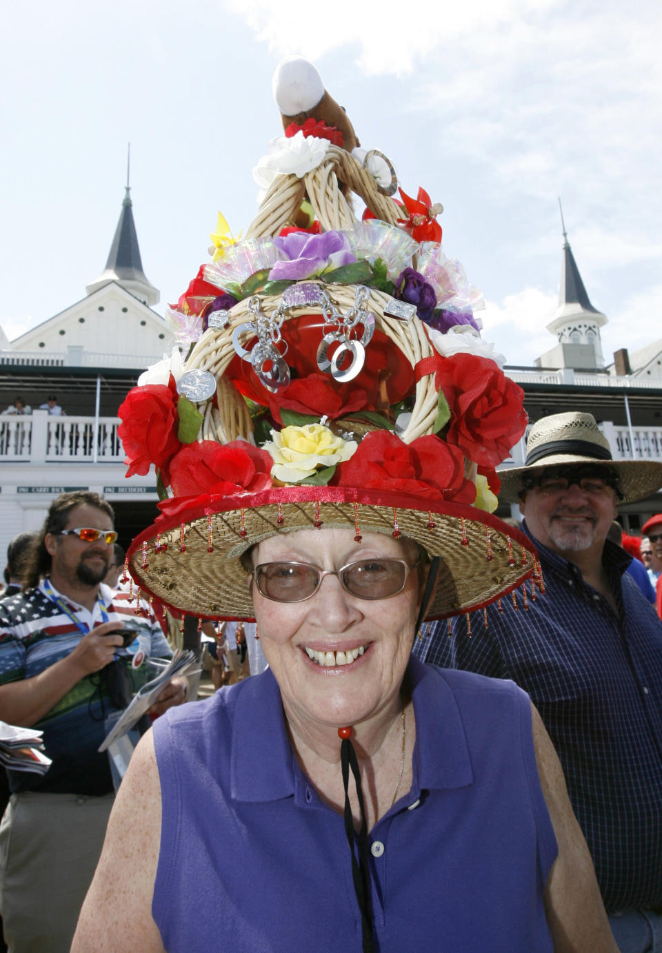 A race fan displays her hat on May 3, 2008.