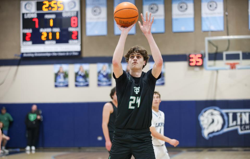 Thousand Oaks High's Trent MacLean takes a free throw during the Lancers' 64-49 win over host Linfield Christian in a CIF-SS Division 2AA second-round game on Friday, Feb. 9, 2024. MacLean finished with 30 points and also grabbed 13 rebounds.