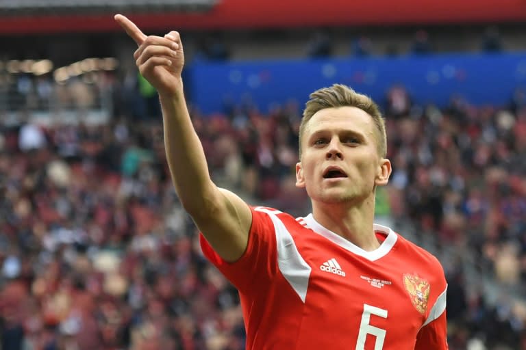 Midfielder Denis Cheryshev celebrates after scoring Russia's fourth goal against Saudi Arabia