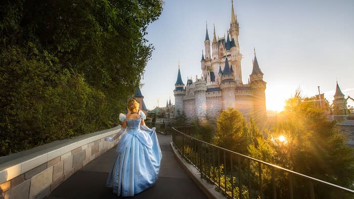 Cinderella walking toward the Magic Kingdom's castle.