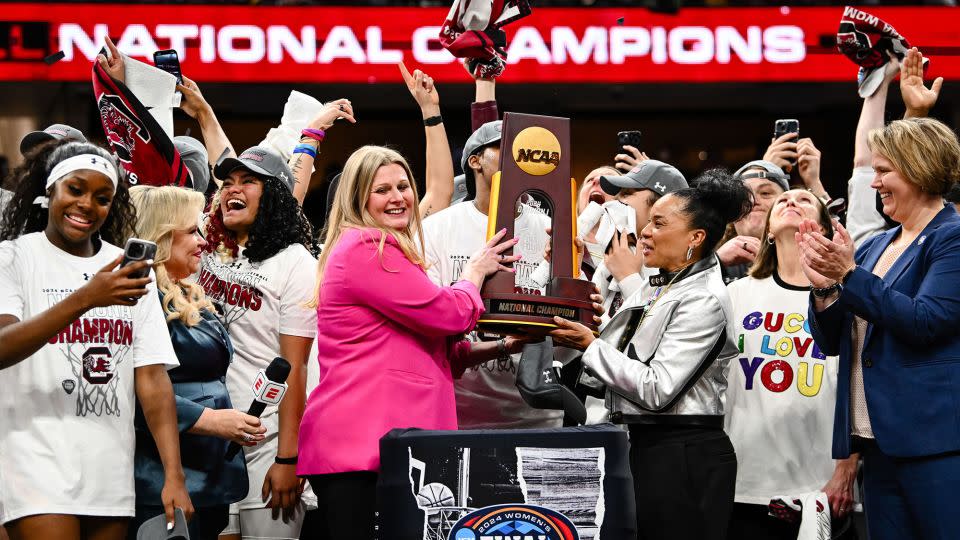 Staley and the Gamecocks receive the trophy on court for the third time in program history. - Thien-An Truong/ISI Photos/Getty Images