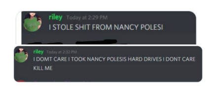 Discord messages appearing to be from Riley Williams about Nancy Pelosi's stolen laptop.