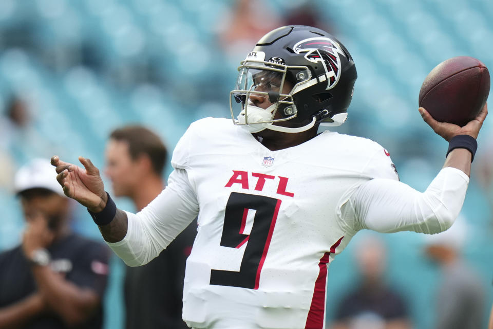 Michael Penix Jr. of the Atlanta Falcons got his first NFL snaps in Friday's preseason opener. (Photo by Rich Storry/Getty Images)