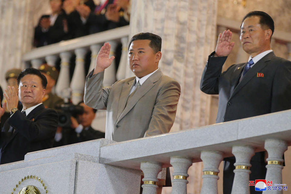 This picture taken on September 9, 2021 and released from North Korea's official Korean Central News Agency (KCNA) shows North Korean leader Kim Jong Un (C) taking part in a parade of 'paramilitary and public security forces' to celebrate the 73rd founding anniversary of North Korea at Kim Il Sung Square in Pyongyang. South Korea OUT / ---EDITORS NOTE--- RESTRICTED TO EDITORIAL USE - MANDATORY CREDIT 