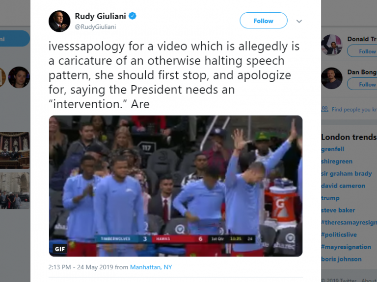 Donald Trump’s personal lawyer has been widely mocked for publishing a bizarre and incoherent tweet accompanied by an apparently random video clip.Rudy Giuliani's apparent effort to attack House Speaker Nancy Pelosi saw him post: “ivesssapology for a video which is allegedly is a caricature of an otherwise halting speech pattern, she should first stop, and apologize for, saying the President needs an ‘intervention.’ Are”The tweet, at 9.13am US time, was accompanied by a gif of a men’s basketball team.It was not clear whether he was trying to apologise or whether he was asking Ms Pelosi to apologise.Nor was it clear what he had intended to write after the “Are”.> ivesssapology for a video which is allegedly is a caricature of an otherwise halting speech pattern, she should first stop, and apologize for, saying the President needs an “intervention.” Are pic.twitter.com/ZpEO7iRzV8> > — Rudy Giuliani (@RudyGiuliani) > > May 24, 2019Thousands of users mocked the former New York mayor, with many questioning what prompted the tweet.One posted: “Ivesss very confused about wtf is happening”, as his attempt to knock the leading Democrat backfired.Twenty minutes later, Mr Giuliani put out another message in an apparent attempt to clarify his initial post, saying: “Nancy Pelosi wants an apology for a caricature exaggerating her already halting speech pattern. First she should withdraw her charge which hurts our entire nation when she says the President needs an intervention. ‘People who live in a glass house shouldn’t throw stones.’”Ms Pelosi had questioned the president’s mental stability, suggesting an “intervention” by his family and aides “for the good of the country”.As Mr Giuliani hit back, many suggested he himself needed “intervention”.Users highlighted the irony of his trying to refer to Ms Pelosi’s “halting speech pattern” and of his implied accusation of hypocrisyMr Trump had responded to Ms Pelosi, calling her “crazy Nancy”.In 2017, a tweet by the president referring to negative press “covfefe” went viral. It’s thought he had meant “coverage”.