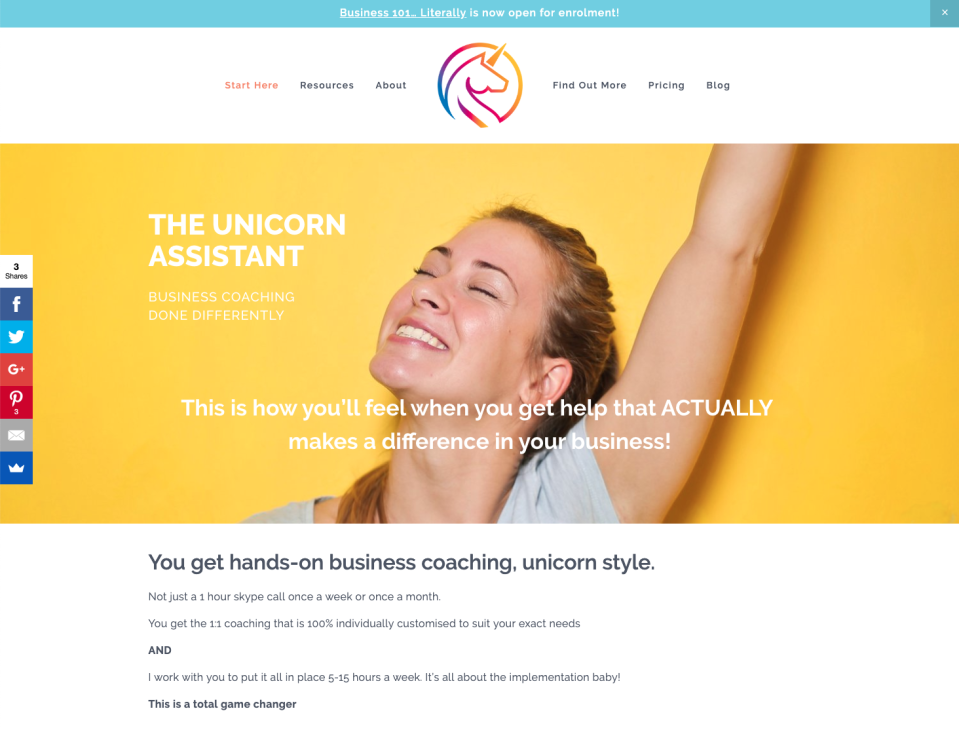 A screenshot of the home page of Sue McLachlan's business consultancy, The Unicorn Assist.