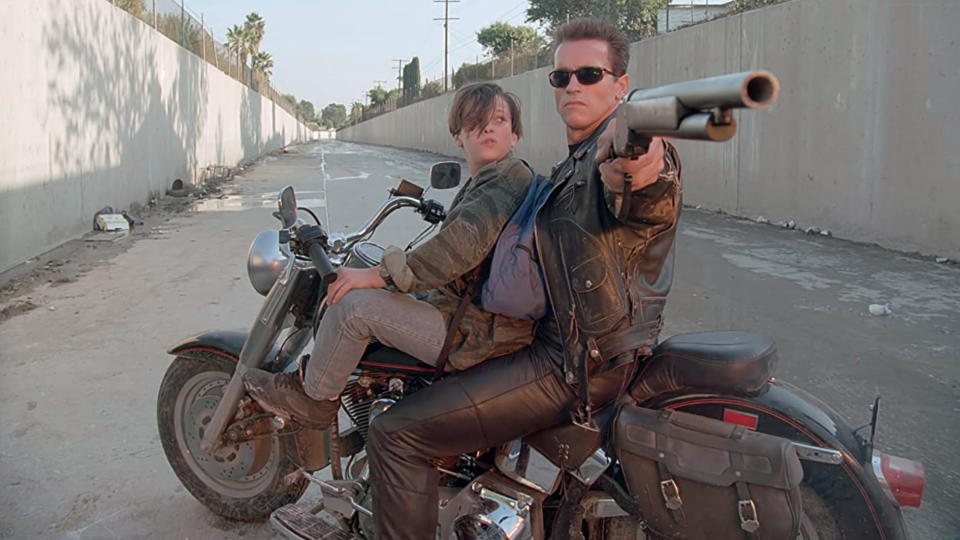 <p> <strong>Release date: </strong>July 3, 1991 </p> <p> <strong>Cast:</strong> Arnold Schwarzenegger, Linda Hamilton, Edward Furlong </p> <p> <strong>Director:</strong> James Cameron </p> <p> <strong>Oscar nominations:</strong> &#xA0;6&#xA0; </p> <p> <strong>Oscar wins:</strong> 4 - Best Sound Editing, Best Sound, Best Visual Effects, Best Makeup&#xA0; </p> <p> Just like he told you in 1984&#x2019;s Terminator, Arnold&#x2019;s T-800 assassin robot is back for this blockbuster follow-up that most fans and critics feel was the high-water mark for the franchise.&#xA0; </p> <p> This version of the indefatigable killing machine has returned to protect Sarah Connor and her future resistance leader son, John, instead of trying to murder them. But a shape-shifting liquid metal upgrade called a T-1000 played to chilling perfection by Robert Patrick is out to reshape the future. Like Cameron&#x2019;s macho xenomorph hunting mission in Aliens, this Hollywood tentpole is a juggernaut of stunning action set pieces and humanistic pathos. Box office receipts topped $500 million for a theatrical slam-dunk that would inspire four more sequels of diminishing merit. </p>