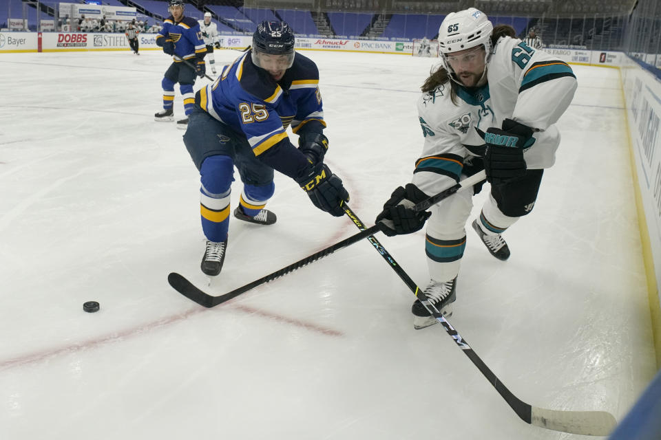 San Jose Sharks' Erik Karlsson (65) passes around St. Louis Blues' Jordan Kyrou (25) during the first period of an NHL hockey game Monday, Jan. 18, 2021, in St. Louis. (AP Photo/Jeff Roberson)