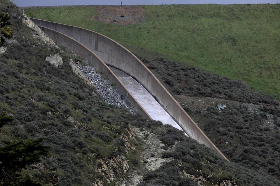 Whale Rock reservoir spilled Monday, Feb. 19, 2024, after a storm slammed San Luis Obispo County on Sunday night, bringing with it rising creeks and rivers and at least one swift water rescue. Laura Dickinson/ldickinson@thetribunenews.com