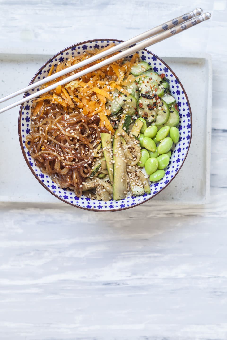 <p>These Asian noodles have only 22 calories and almost 5 grams of fiber per cup, making them substantially healthier than regular pasta. They also don’t require much prep—drain and rinse for cold recipes or pan-fry for hot ones. If you’ve never made them before, try this <a href="https://www.prevention.com/food-nutrition/recipes/a20510765/shirataki-noodles-al-pesto/" rel="nofollow noopener" target="_blank" data-ylk="slk:Shirataki Noodles al Pesto;elm:context_link;itc:0;sec:content-canvas" class="link ">Shirataki Noodles al Pesto</a> recipe.</p>