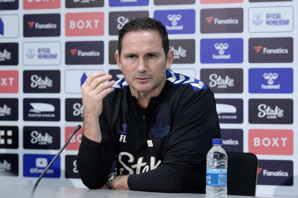 HALEWOOD, ENGLAND - DECEMBER 23: (EXCLUSIVE COVERAGE) Frank Lampard wears a Her Game Too badge as he speaks to the media during the Everton Press Conference at Finch Farm on December 23, 2022 in Halewood, England.  (Photo by Tony McArdle/Everton FC via Getty Images)