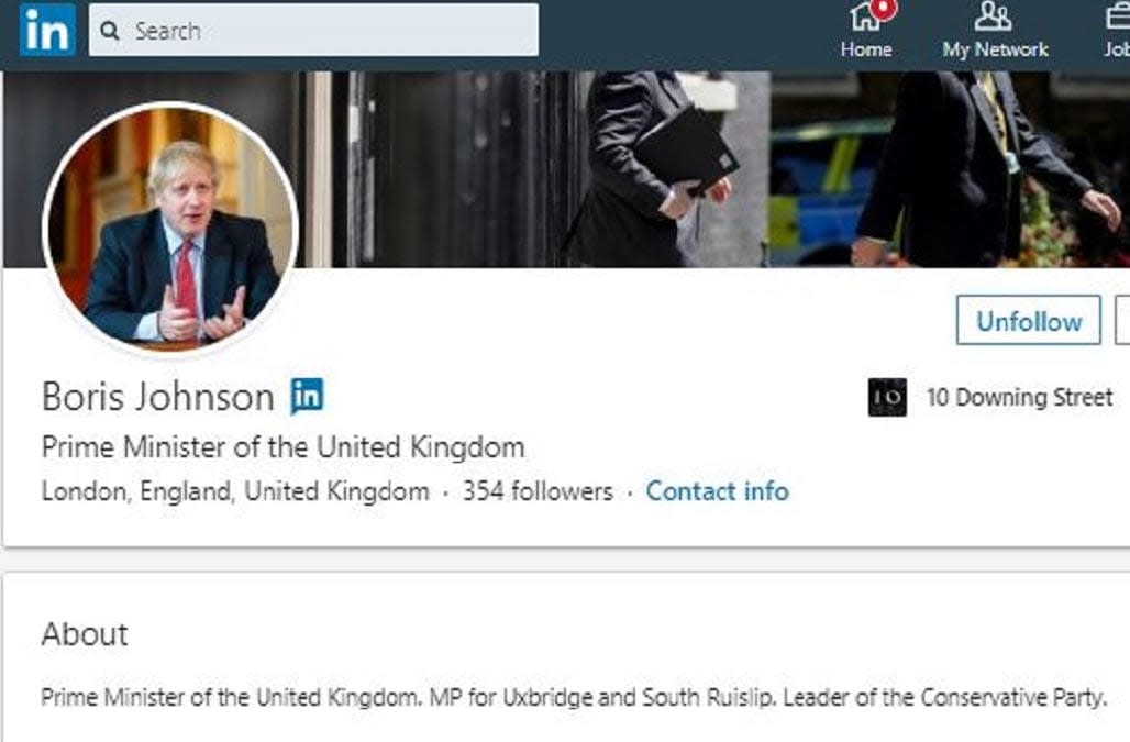 Boris Johnson joins LinkedIn a week after denying Downing Street departure